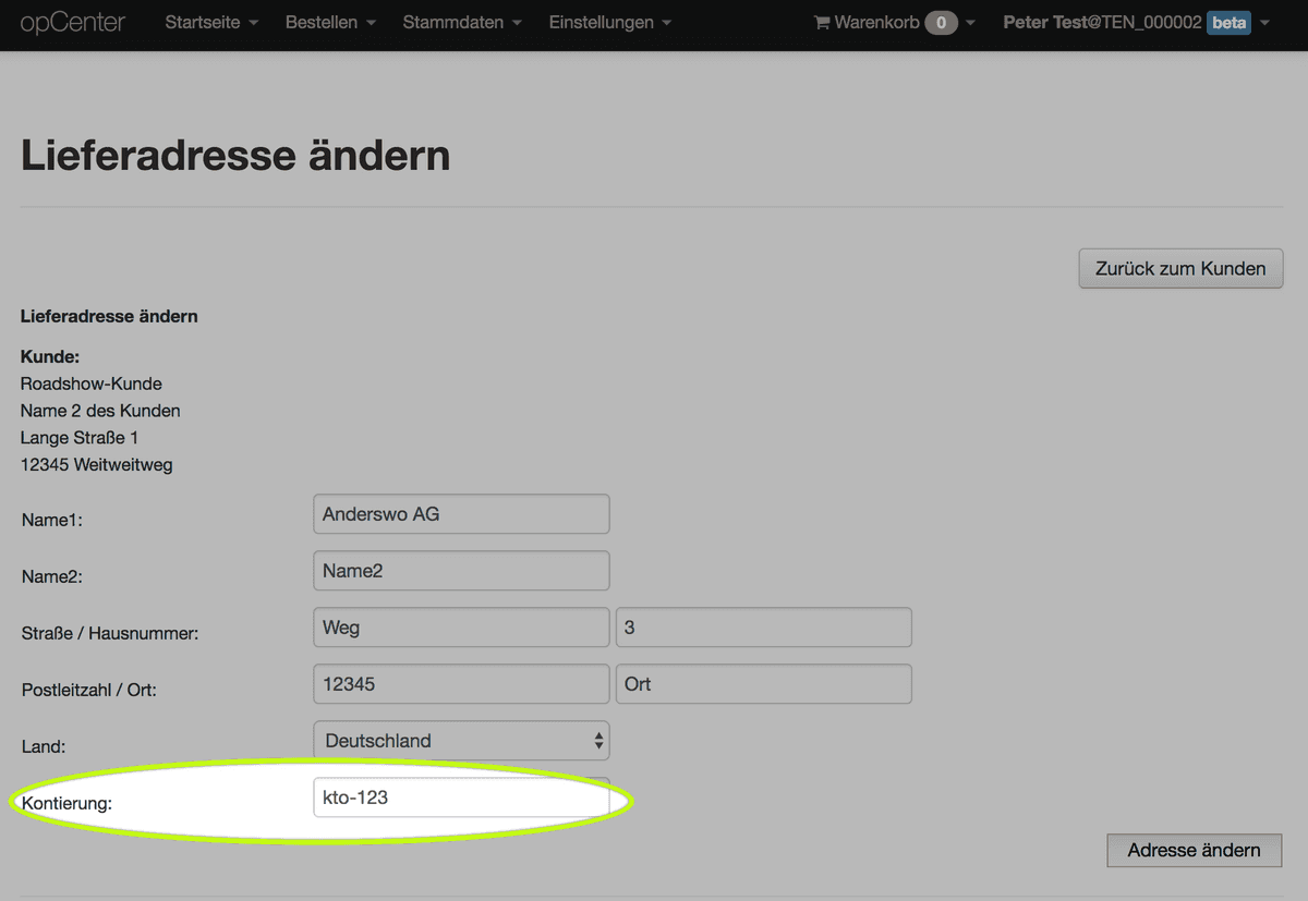 kontierung lieferadresse